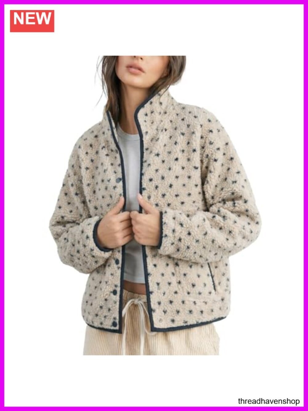 Slouchy Fleece Jacket Long Sleeve Button Down High Neck Polka Dot Puffer Sherpa